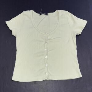 Brandi Melville Green Minimalist Full Button Cotton Crop Short Sleeve Top 0‎